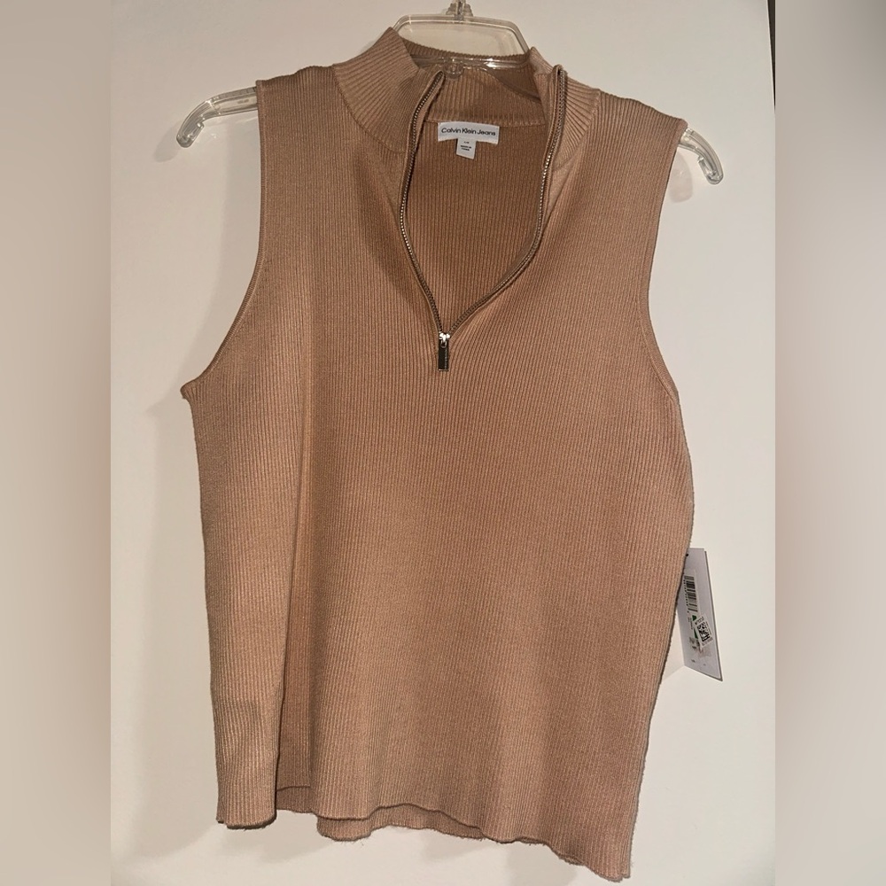 Calvin Klein Tan Ribbed Mandarin Collar Tank Top